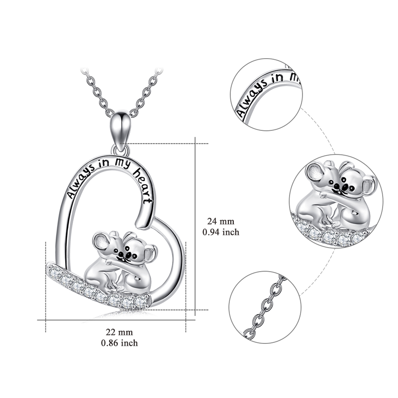 Collier en argent sterling avec pendentif Koala et coeur en zircon cubique avec mot gravé-5