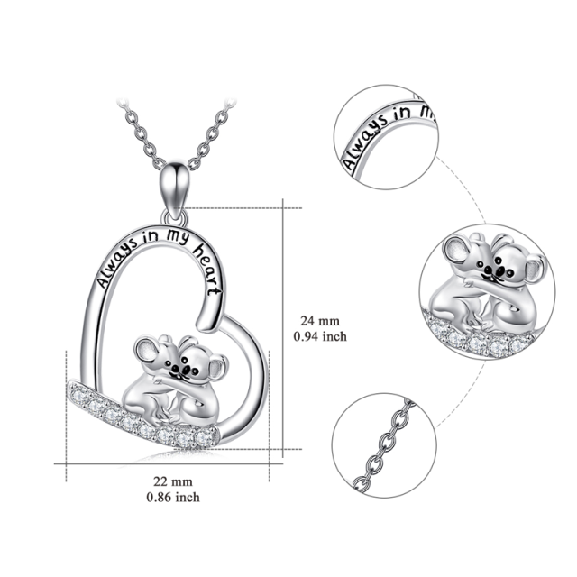 Sterling Silver Circular Shaped Cubic Zirconia Koala & Heart Pendant Necklace with Engraved Word-5