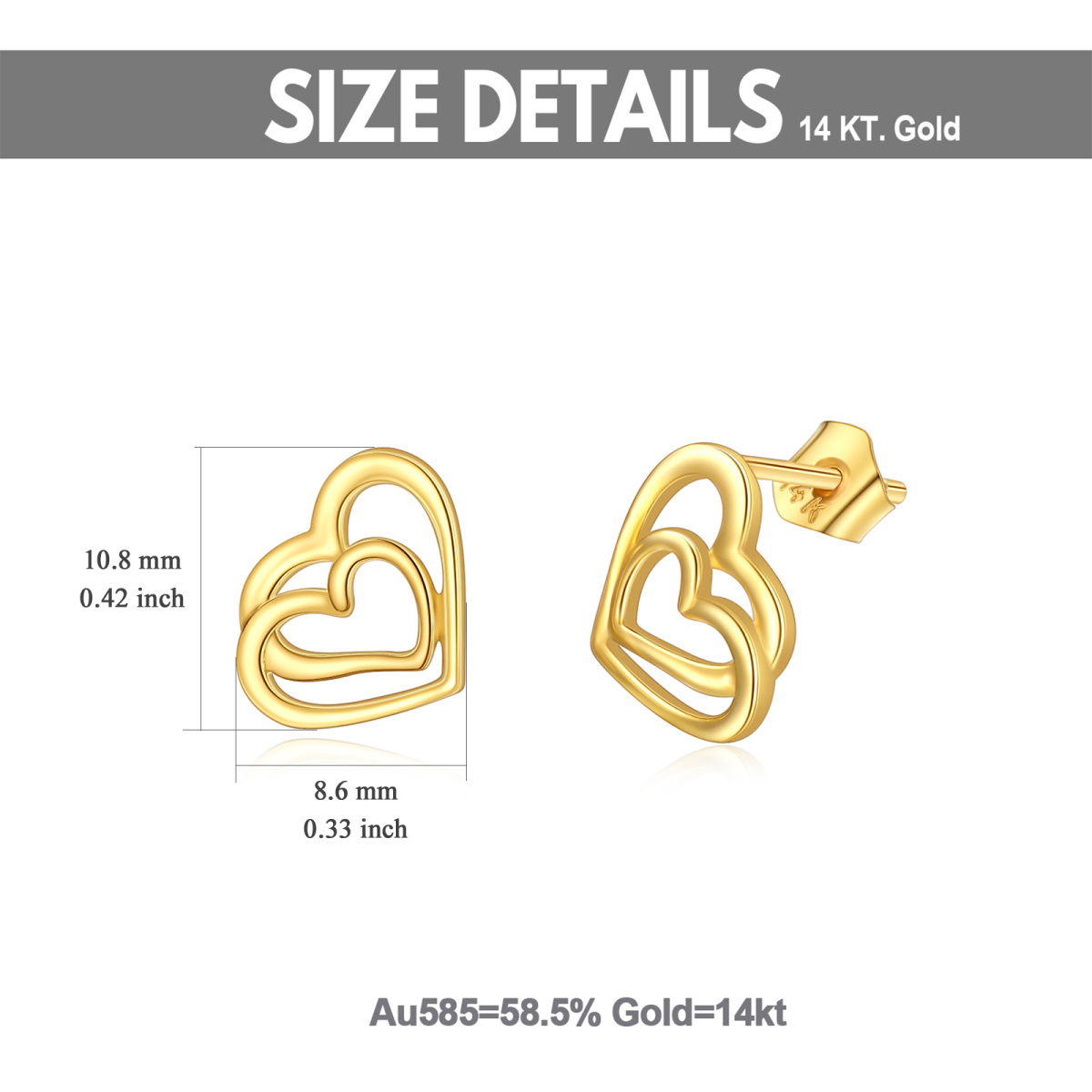 14K Gold Heart With Heart Stud Earrings-6