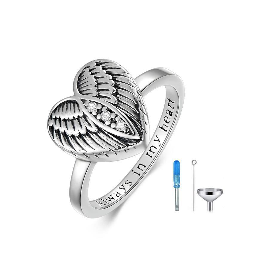 Sterling Silver Circular Shaped Cubic Zirconia Angel Wing & Heart Urn Ring with Engraved Word-1
