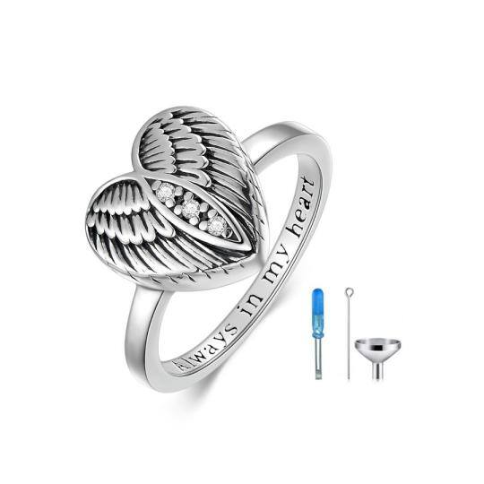 Sterling Silver Circular Shaped Cubic Zirconia Angel Wing & Heart Urn Ring with Engraved Word