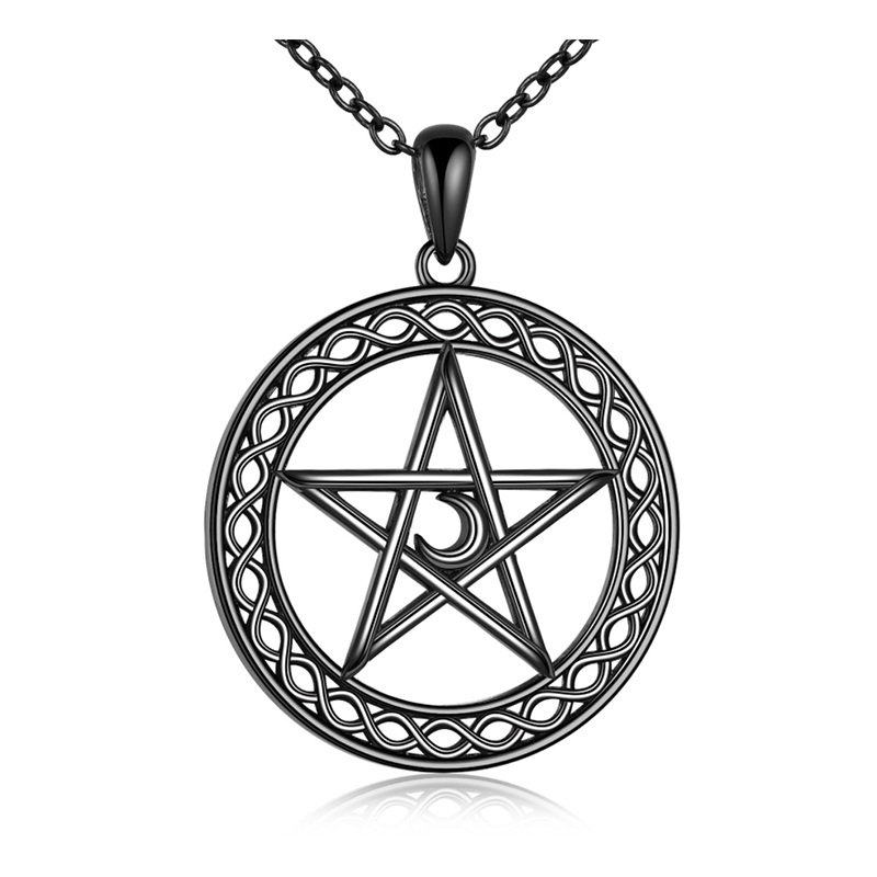 Sterling Silver with Black Color Plated Celtic Knot & Pentagram Pendant Necklace-1