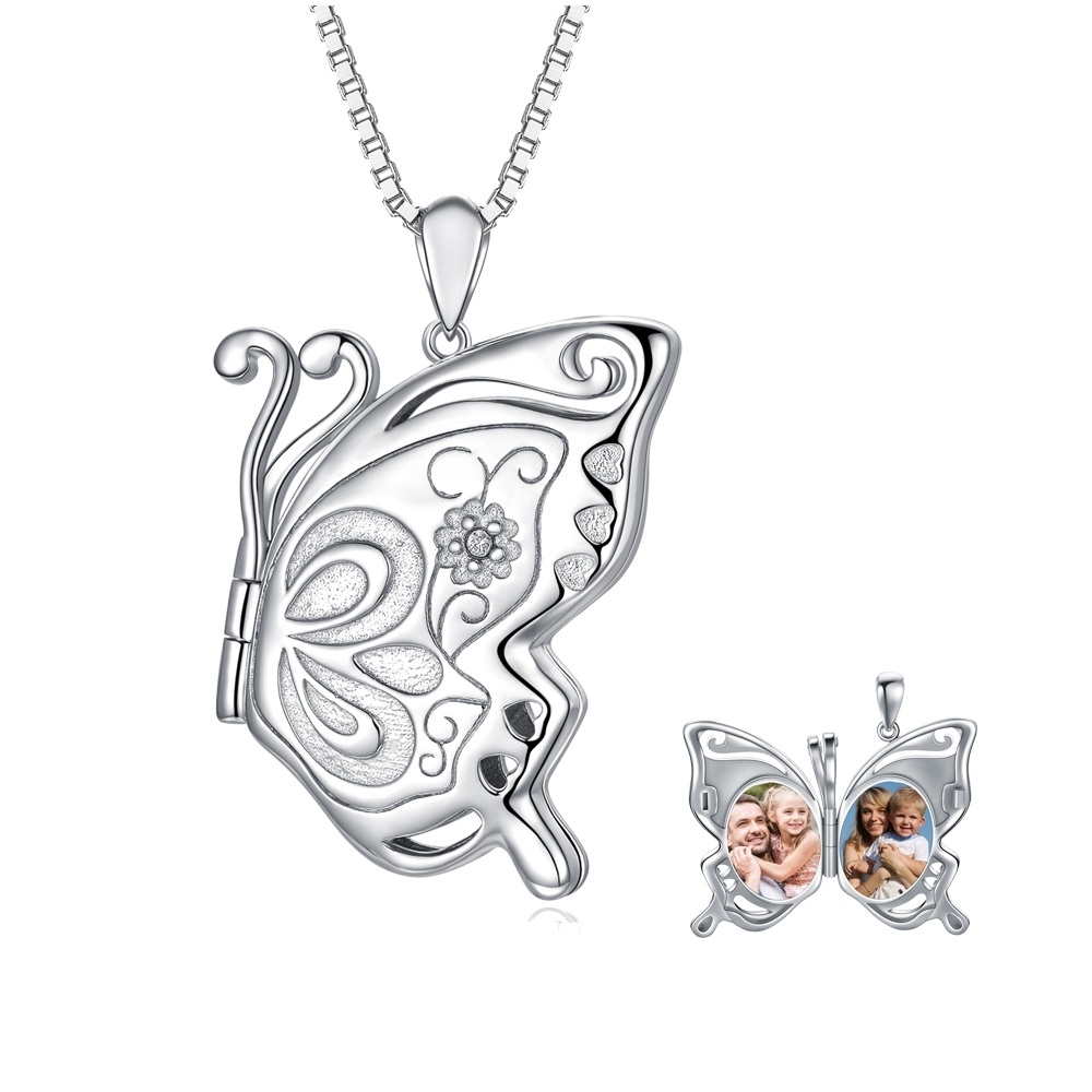 Sterling Silver Butterfly & Personalized Photo Personalized Photo Locket Necklace-1