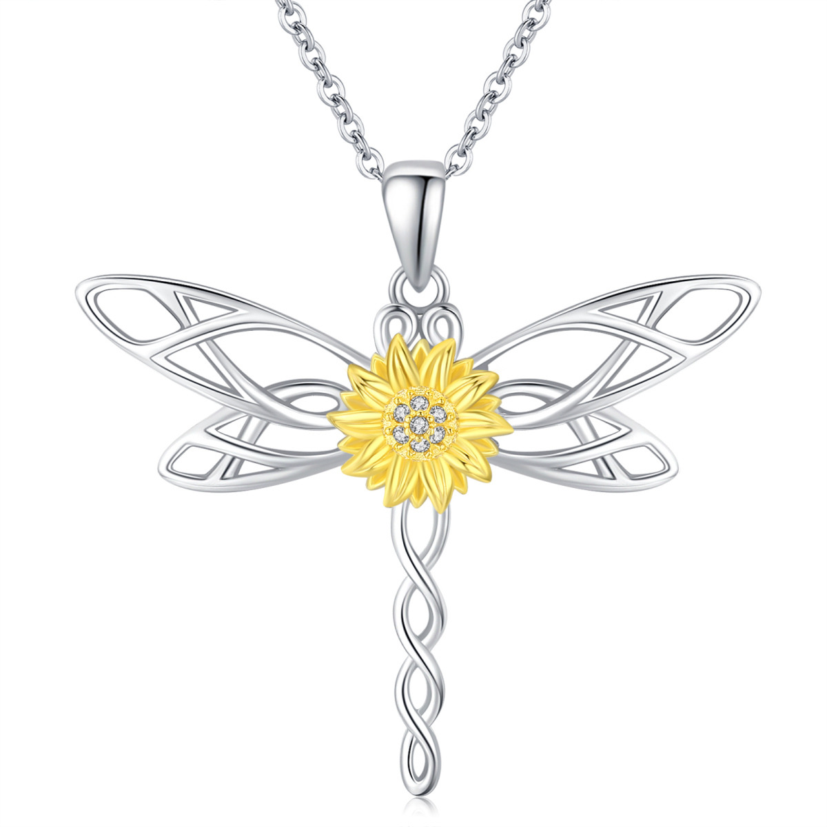 Sterling Silver Two-tone Circular Shaped Cubic Zirconia Dragonfly & Marigold Pendant Necklace-1