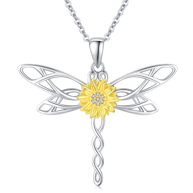 Sterling Silver Two-tone Circular Shaped Cubic Zirconia Dragonfly & Marigold Pendant Necklace-0