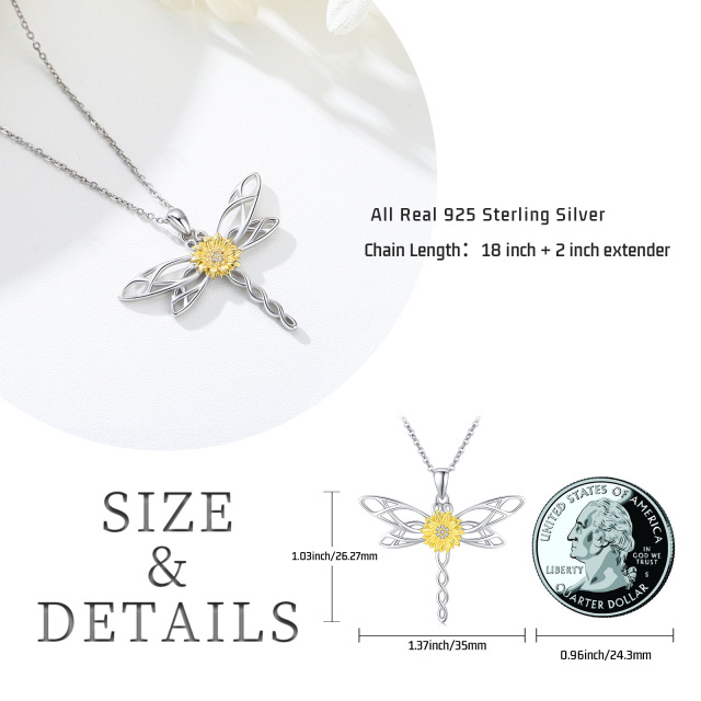 Sterling Silver Two-tone Circular Shaped Cubic Zirconia Dragonfly & Marigold Pendant Necklace-5