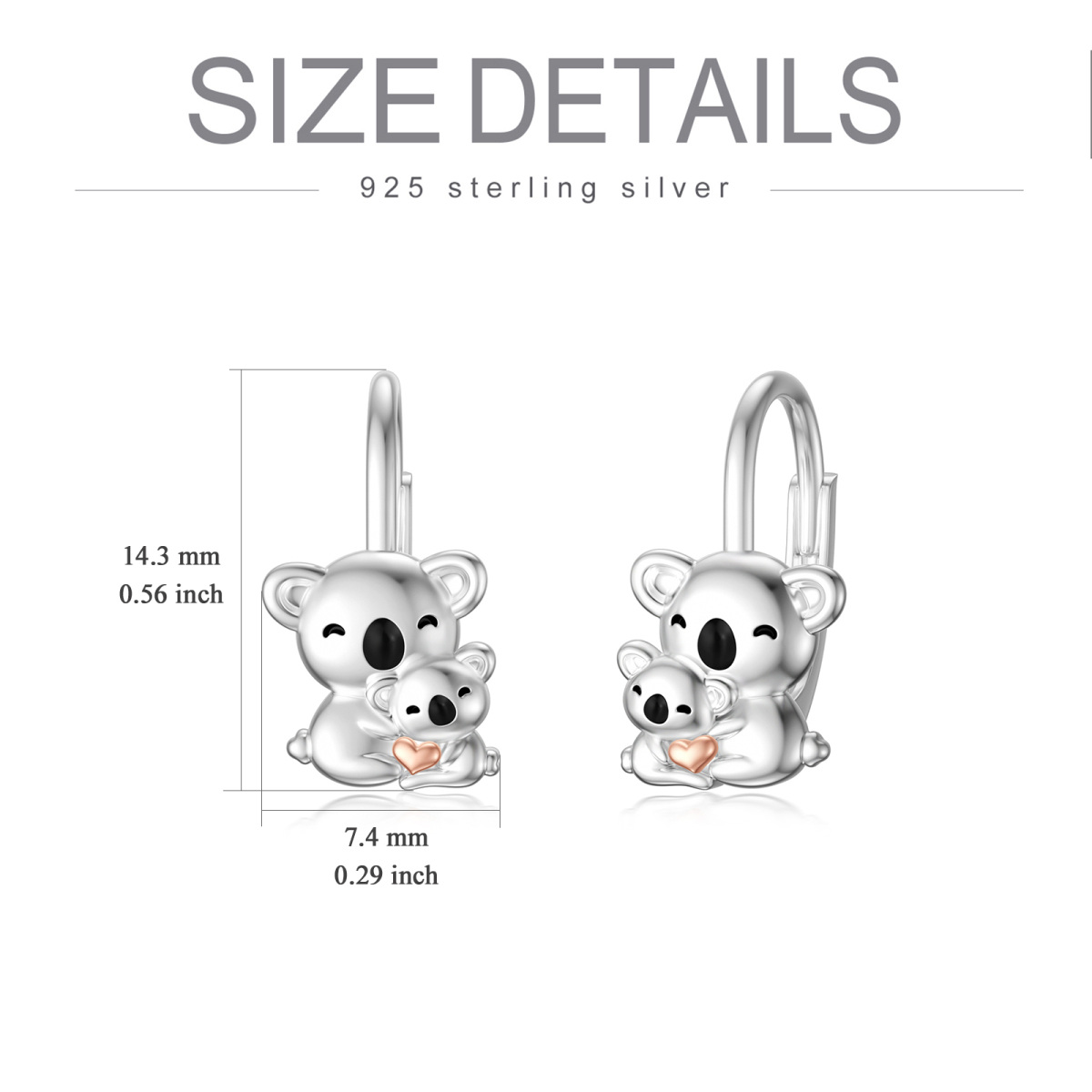 Pendientes de palanca Koala bicolor en plata de ley-6