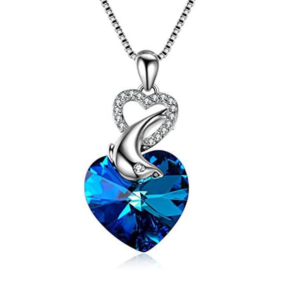 Sterling Silver Heart Shaped Crystal Dolphin & Heart Pendant Necklace-1
