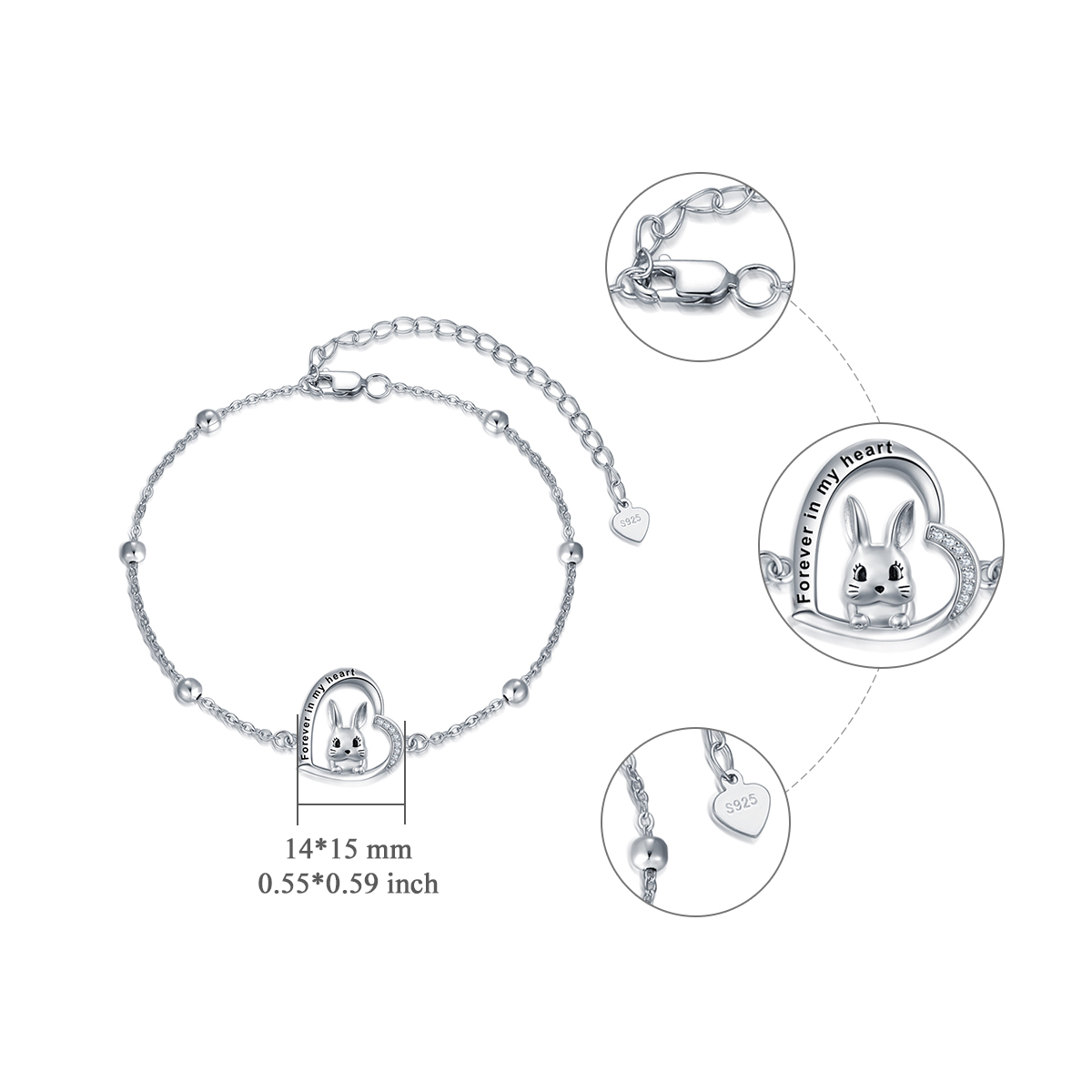 Bracelet en argent sterling avec pendentif lapin et coeur en zircon cubique et mot gravé-6