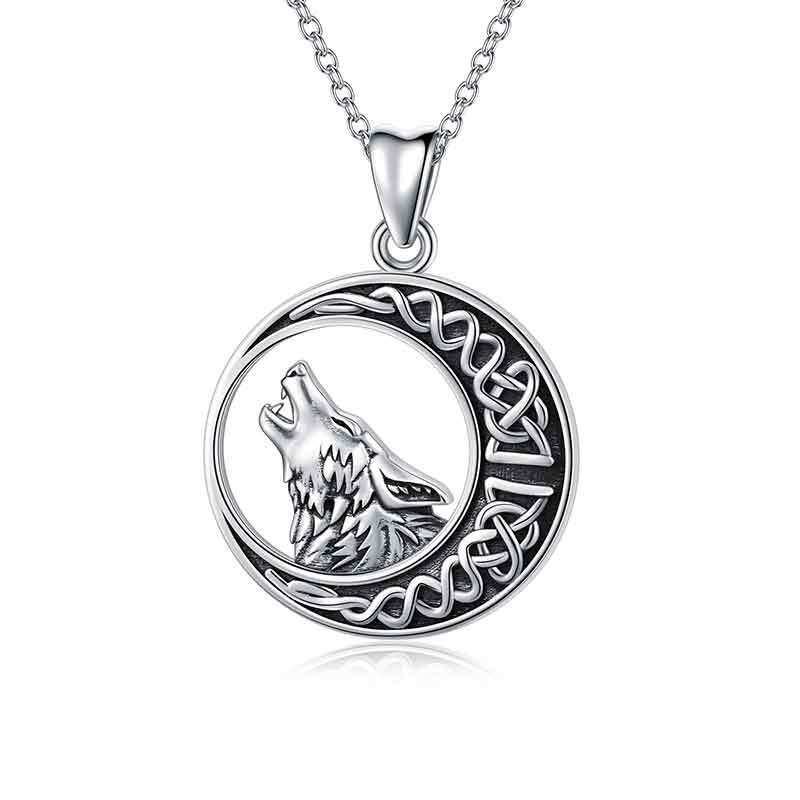 Sterling Silver Wolf & Celtic Knot & Moon Pendant Necklace-1