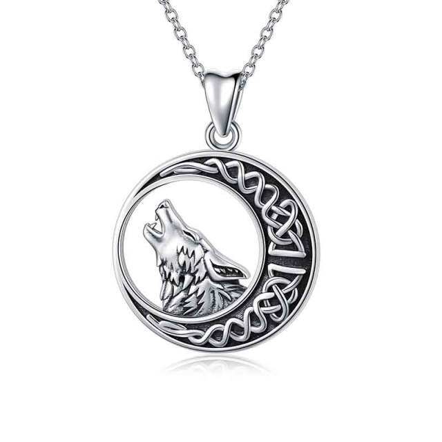 Sterling Silver Wolf & Celtic Knot & Moon Pendant Necklace-0