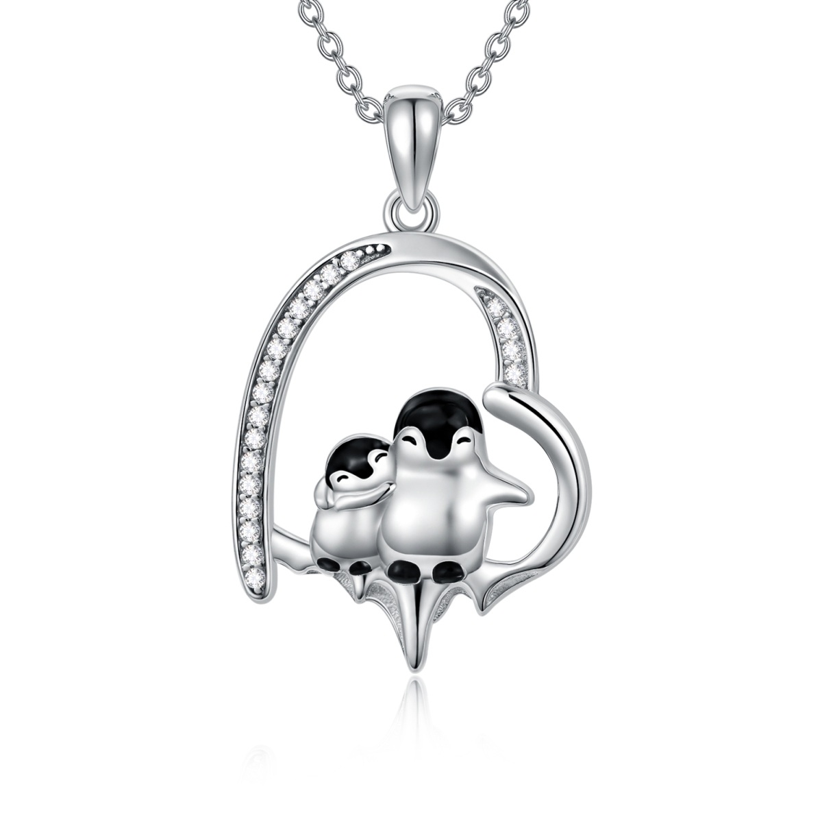 Sterling Silver Cubic Zirconia Couple Penguin & Heart Melting Ice Pendant Necklace-1