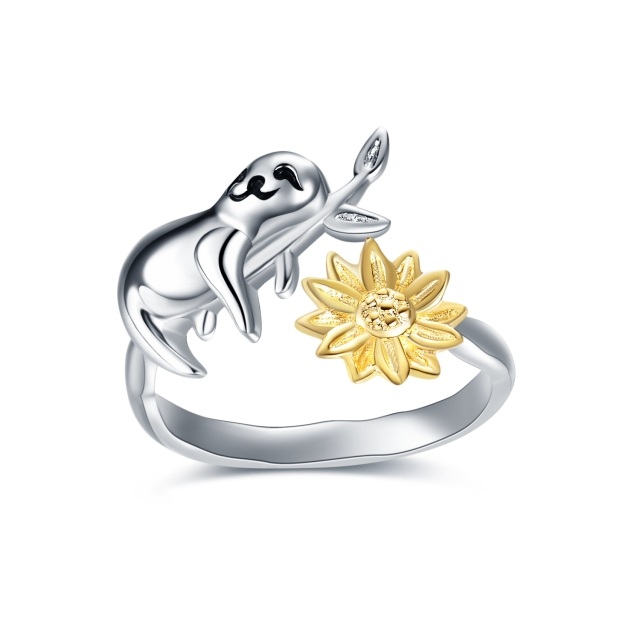 Sterling Silver Two-tone Sloth & Sunflower Open Ring-0
