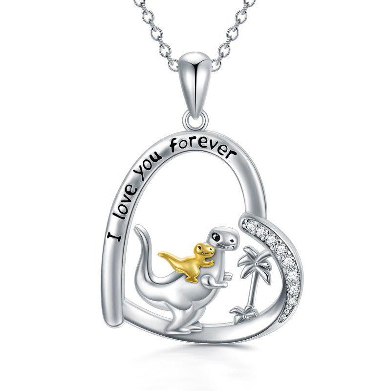 Plata de ley de dos tonos Corazón Dinosaurio mamá con bebé Collar colgante con la palabra grabada-1