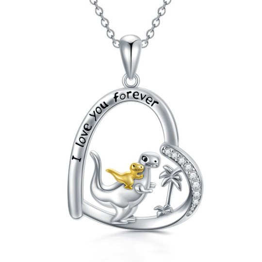 Collana bicolore in argento sterling con ciondolo a forma di cuore di dinosauro con parola incisa.