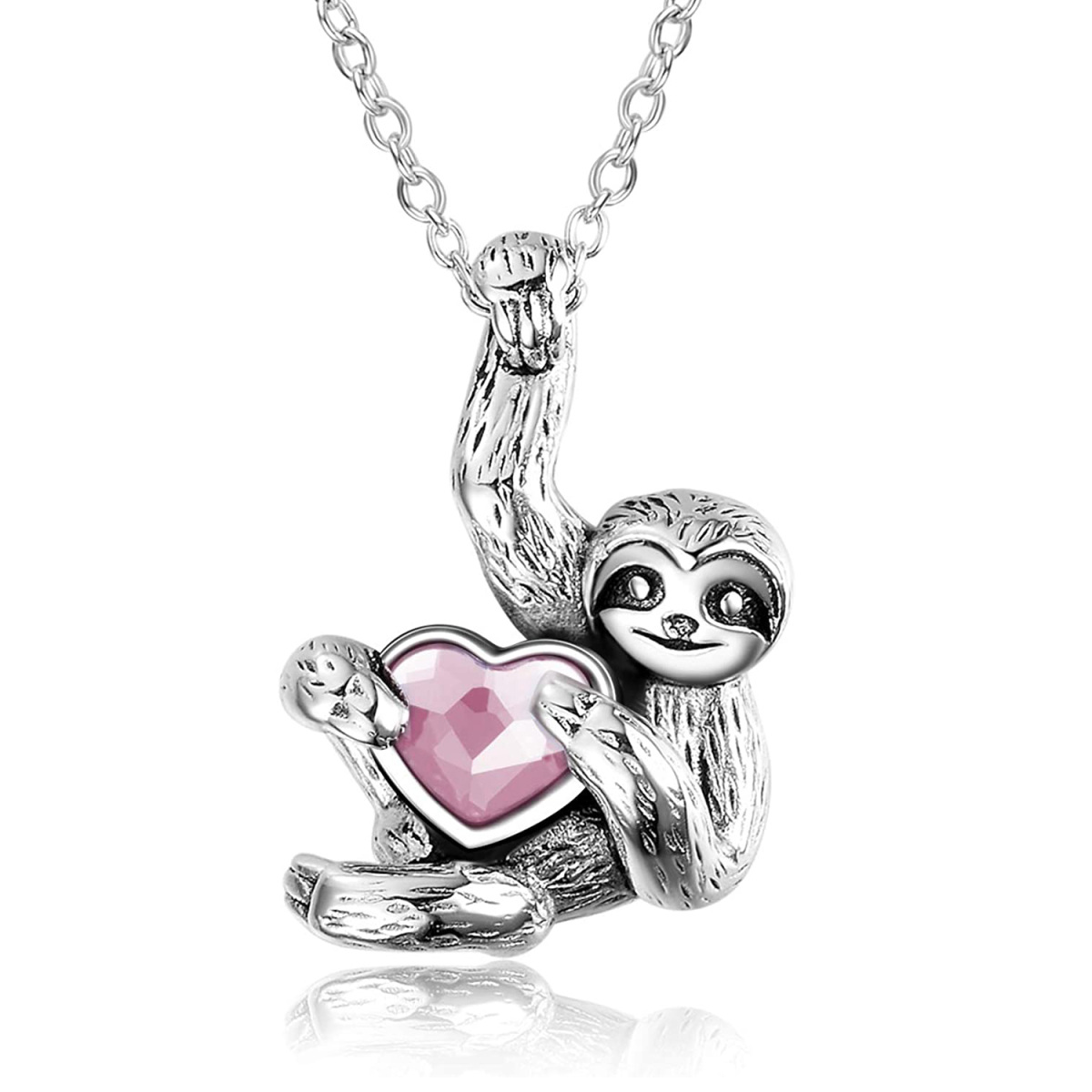 Sterling Silver Heart Shaped Crystal Sloth Pendant Necklace-1