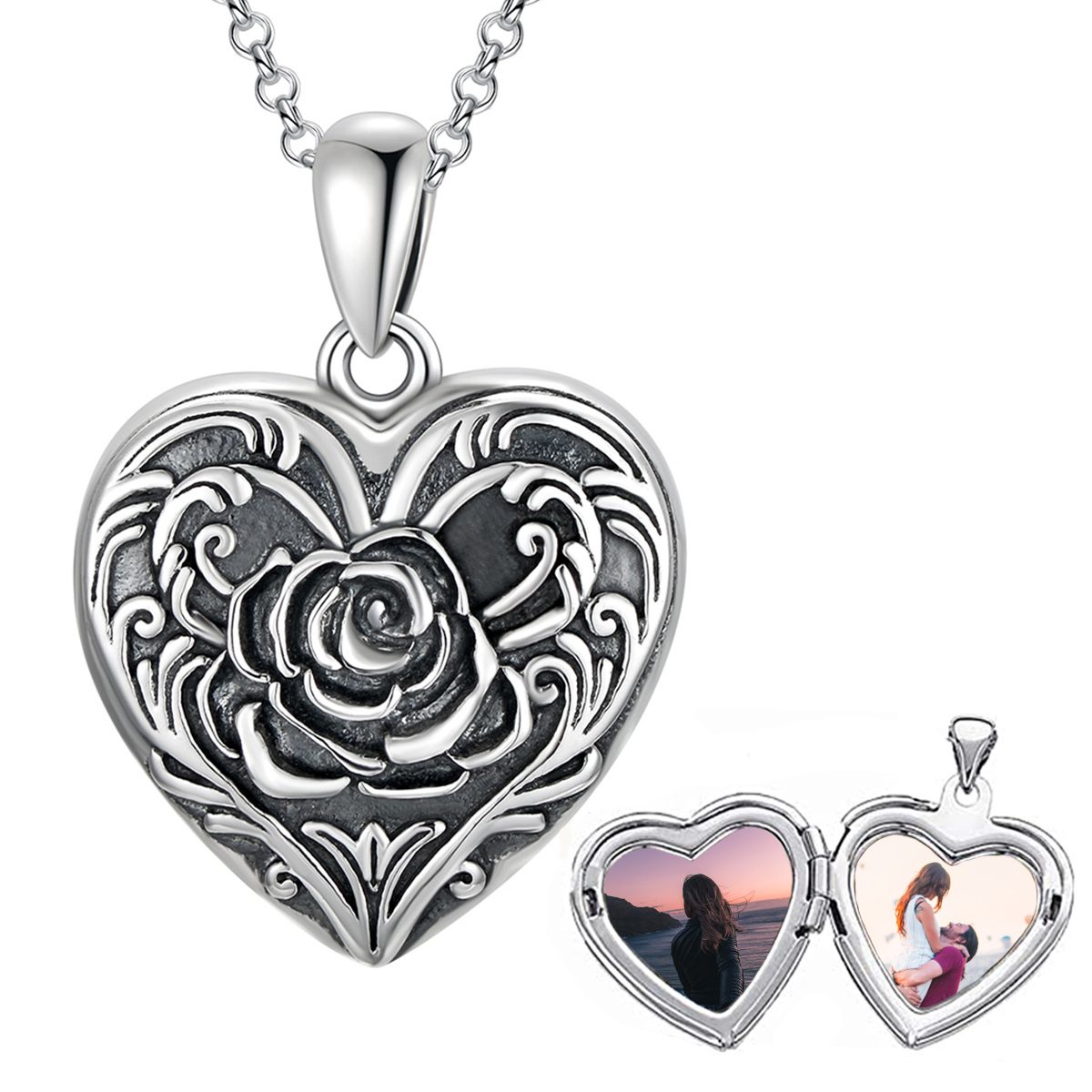 Colgante de plata de ley con corazón y rosa Grabado personalizado y collar relicario con foto-1