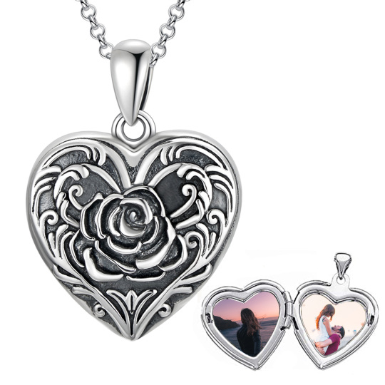 Sterling Silver Heart Pendant & Rose Personalized Engraving and Photo Locket Necklace