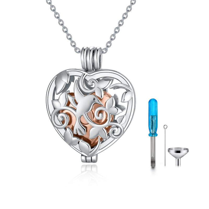 Sterling Silver Two-tone Bird & Heart Urn Necklace for Ashes-1