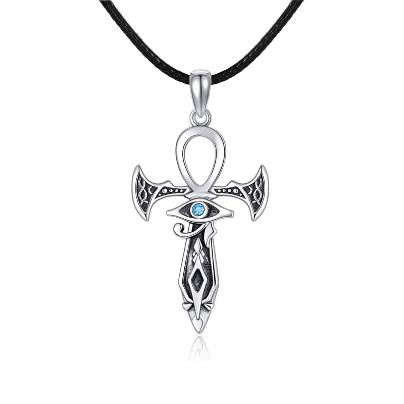 Sterling Silver Cubic Zirconia Ankh & Eye Of Horus Pendant Necklace-1
