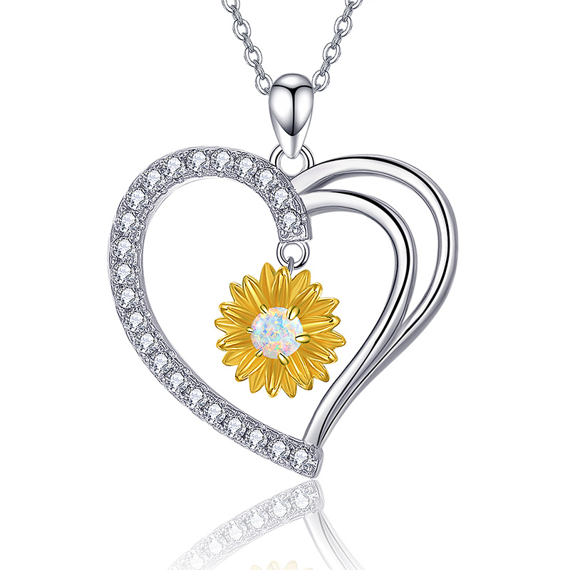 Opal Sunflower Necklace for Women 925 Sterling Silver Heart Pendant with Cubic Zirconia-1
