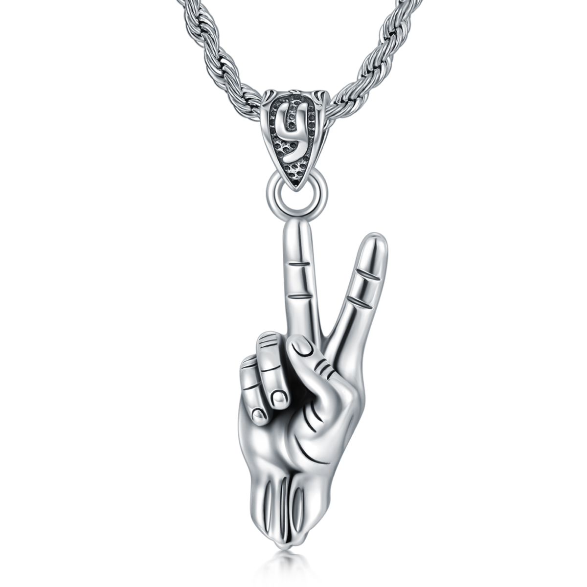 Sterling Silver Victory Gesture Pendant Necklace for Men-1