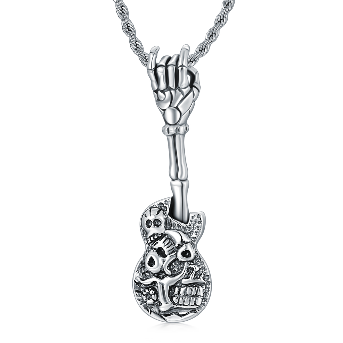 Sterling Silber Gitarre & Totenkopf Anhänger Halskette-1