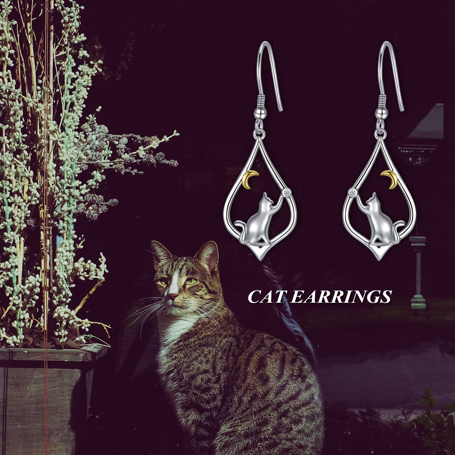 16297696080827ba6f6 - Cat Earrings Sterling Silver Cat Moon Dangle Drop Hooks Earrings Cute Animal Jewelry Cat Lovers Gifts for Women Teens Birthday