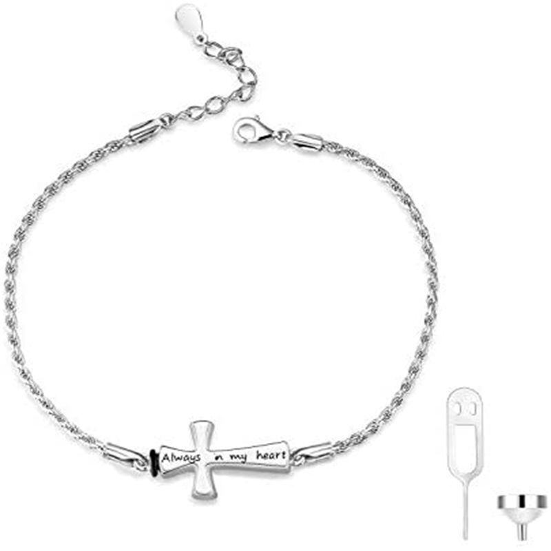 Sterling Silver Cross Urn Bracelet for Ashes with Engraved Word-1