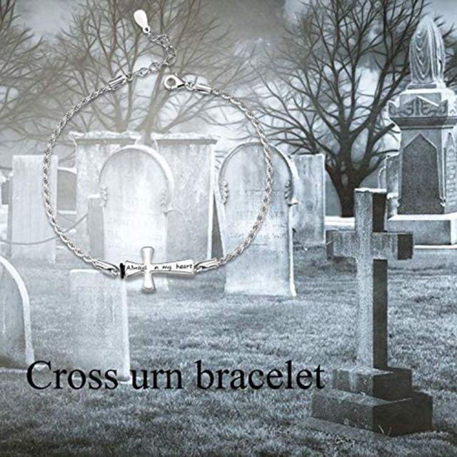 Sterling Silver Cross Urn Bracelet for Ashes with Engraved Word-3