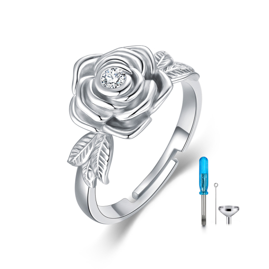 Sterling Silver Circular Shaped Cubic Zirconia Rose Urn Ring