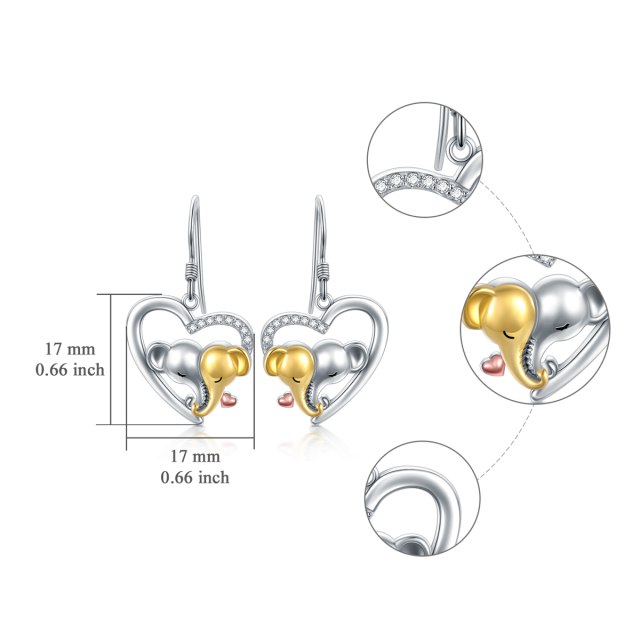 Sterling Silver Tri-tone Circular Shaped Cubic Zirconia Elephant & Heart Drop Earrings-4