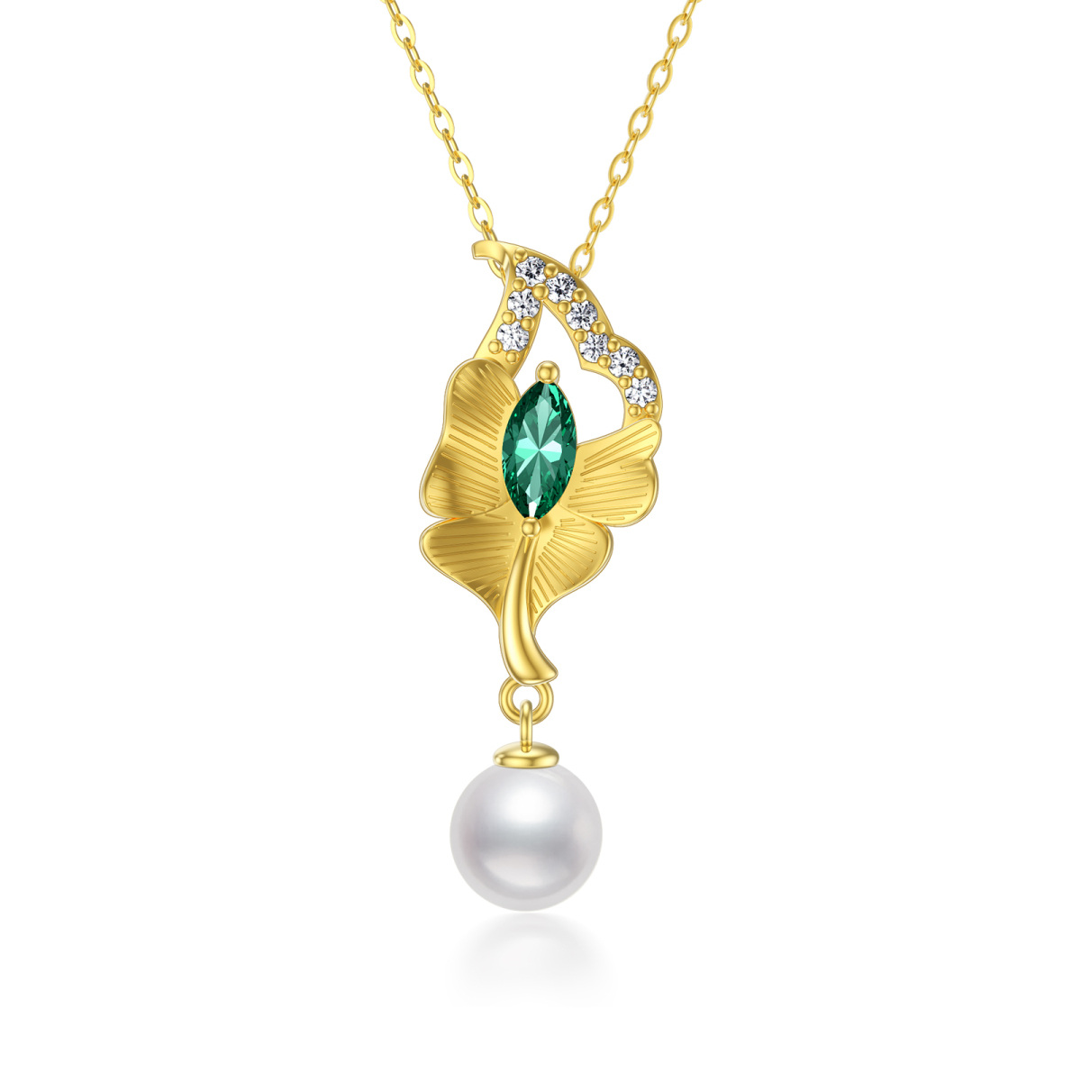 Halskette mit Perlen-Blätter-Anhänger, Gelbgold 9 Karat-1