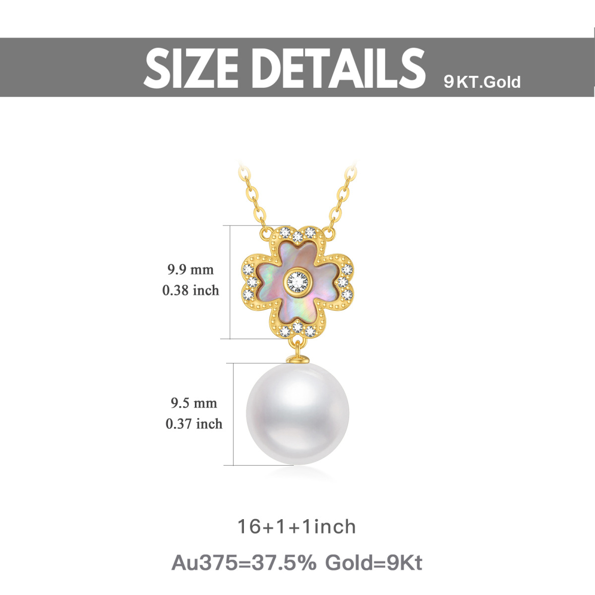 9K Gold Pearl Four-leaf Clover Pendant Necklace-5