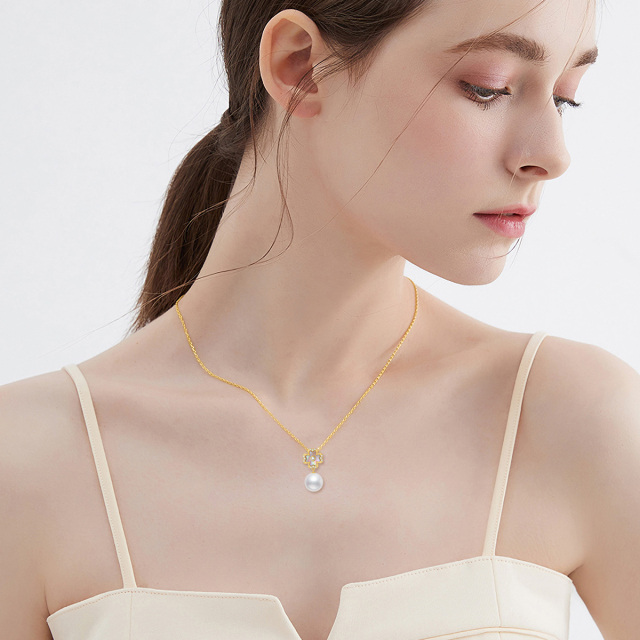 9K Gold Pearl Four-leaf Clover Pendant Necklace-1