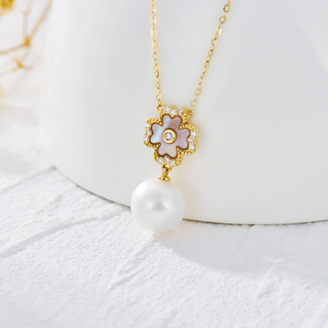 9K Gold Pearl Four-leaf Clover Pendant Necklace-2