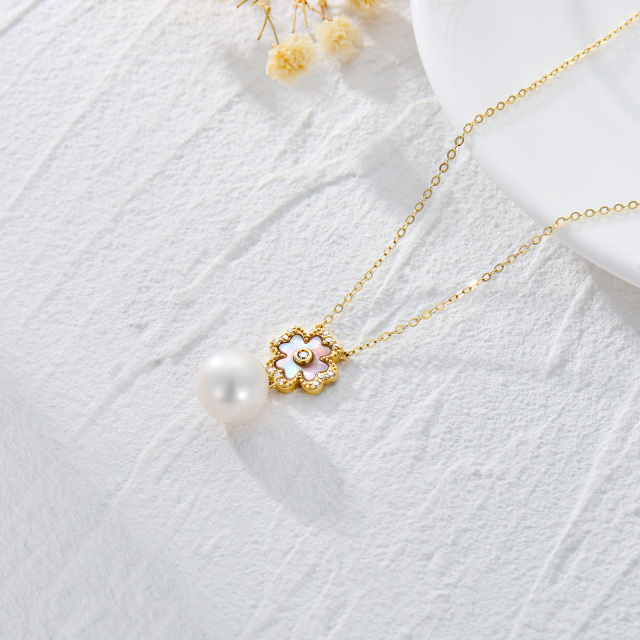 9K Gold Pearl Four-leaf Clover Pendant Necklace-3