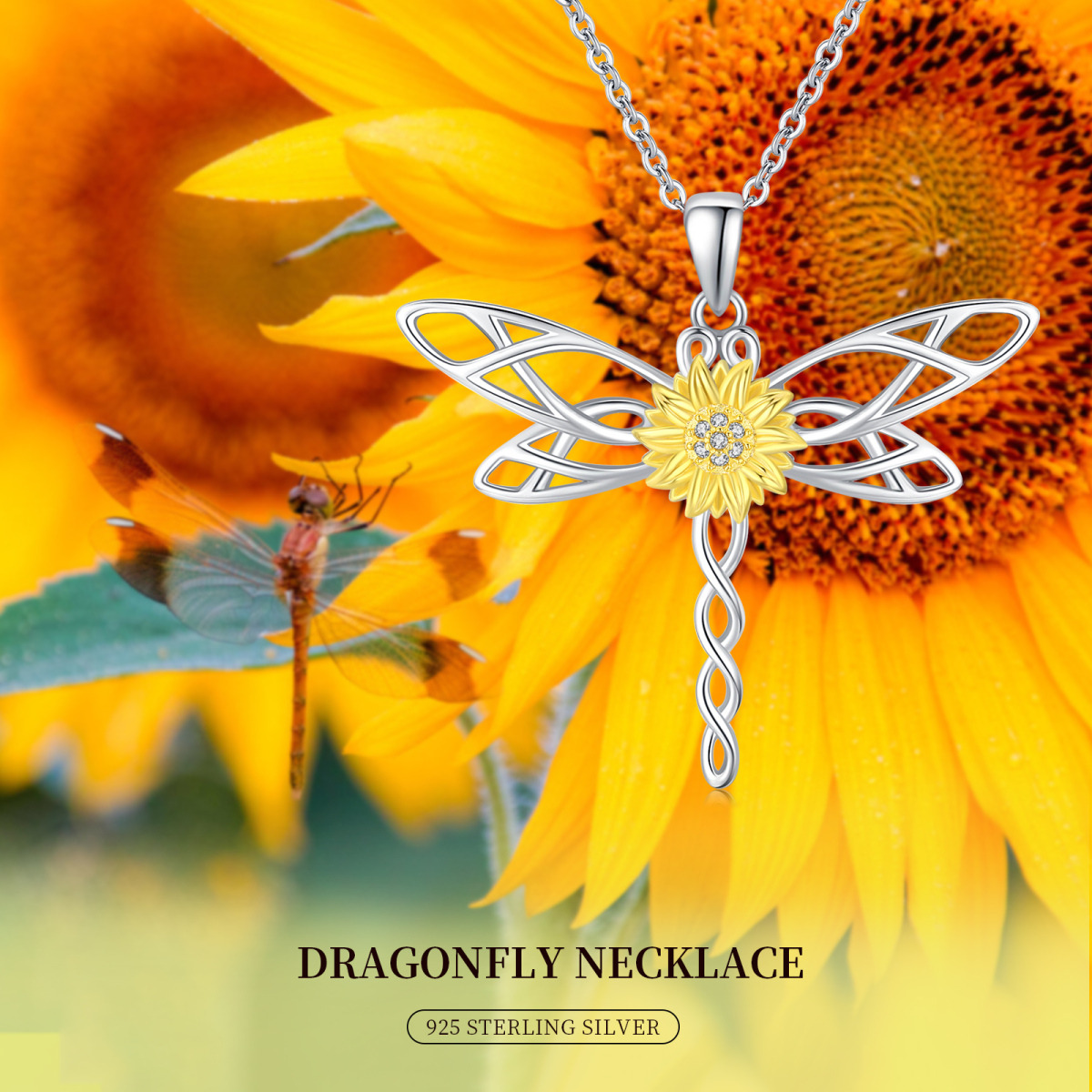 Sterling Silver Two-tone Circular Shaped Cubic Zirconia Dragonfly & Marigold Pendant Necklace-7