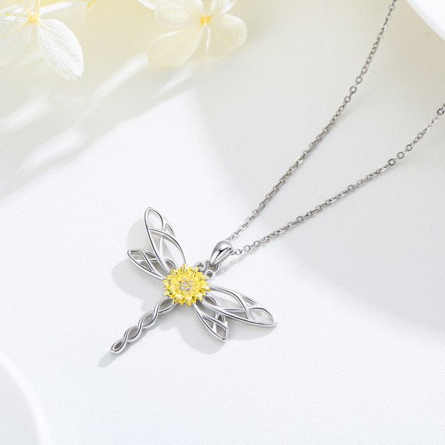 Sterling Silver Two-tone Circular Shaped Cubic Zirconia Dragonfly & Marigold Pendant Necklace-3