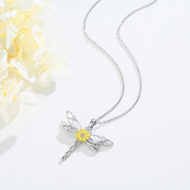 Sterling Silver Two-tone Circular Shaped Cubic Zirconia Dragonfly & Marigold Pendant Necklace-4
