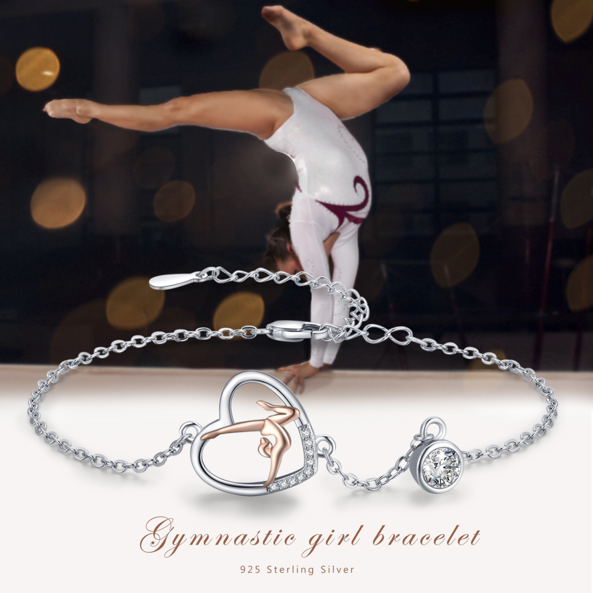 Pulsera con colgante de gimnasia con circonitas circulares de dos tonos en plata de ley-4