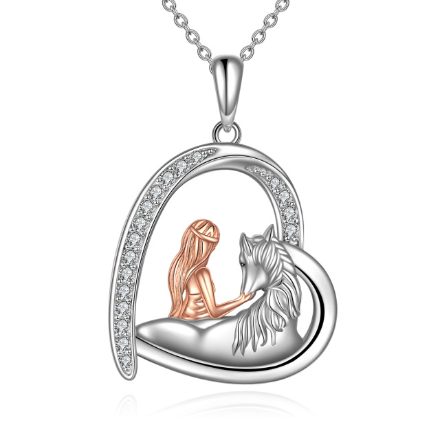 Sterling Silver Two-tone Circular Shaped Cubic Zirconia Horse & Heart Pendant Necklace-0