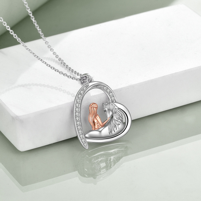 Sterling Silver Two-tone Circular Shaped Cubic Zirconia Horse & Heart Pendant Necklace-2