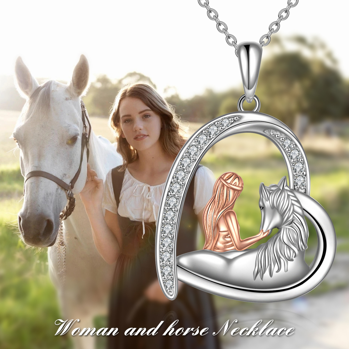Sterling Silver Two-tone Circular Shaped Cubic Zirconia Horse & Heart Pendant Necklace-6
