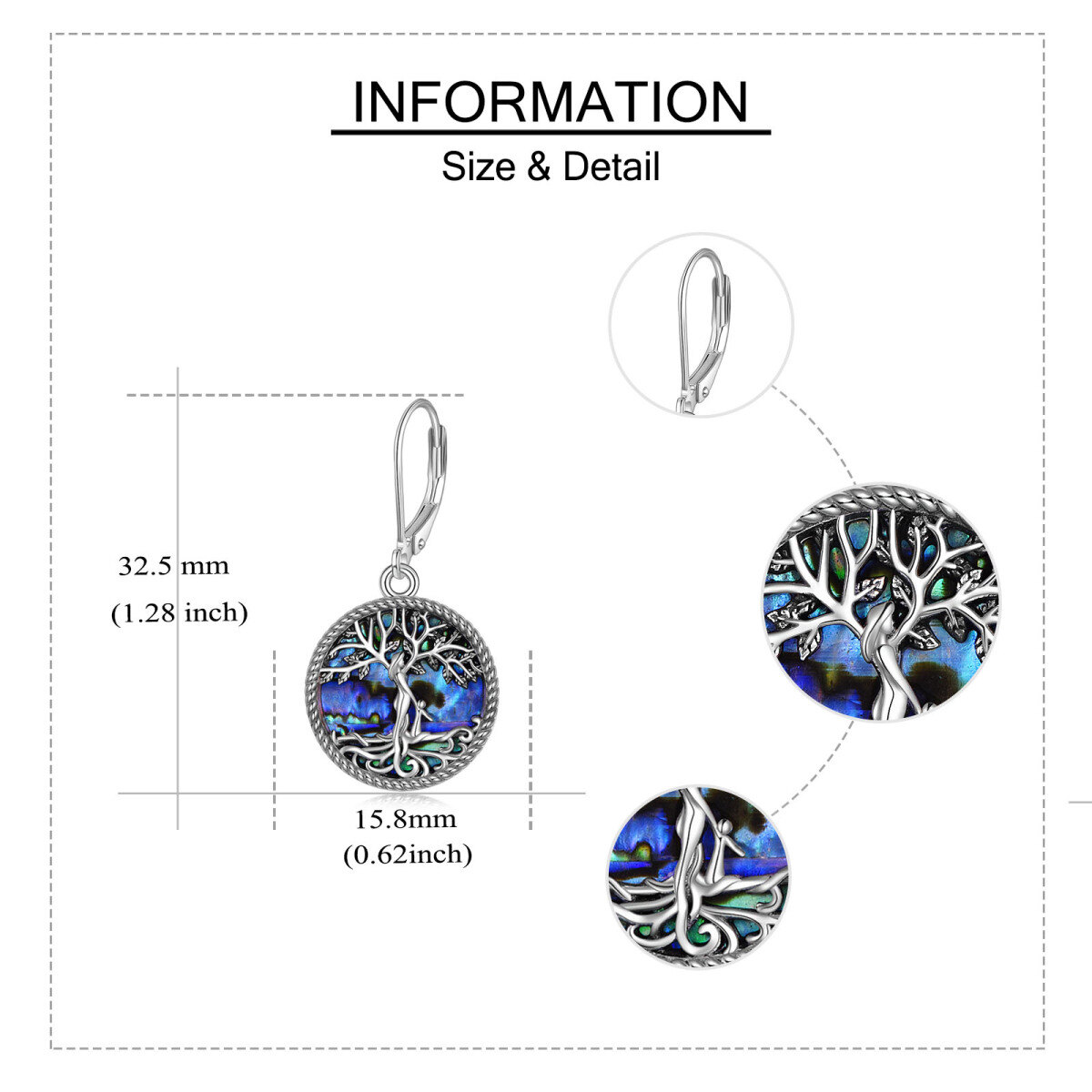 Sterling Silver Circular Shaped Abalone Shellfish Tree Of Life Lever-back Earrings-6