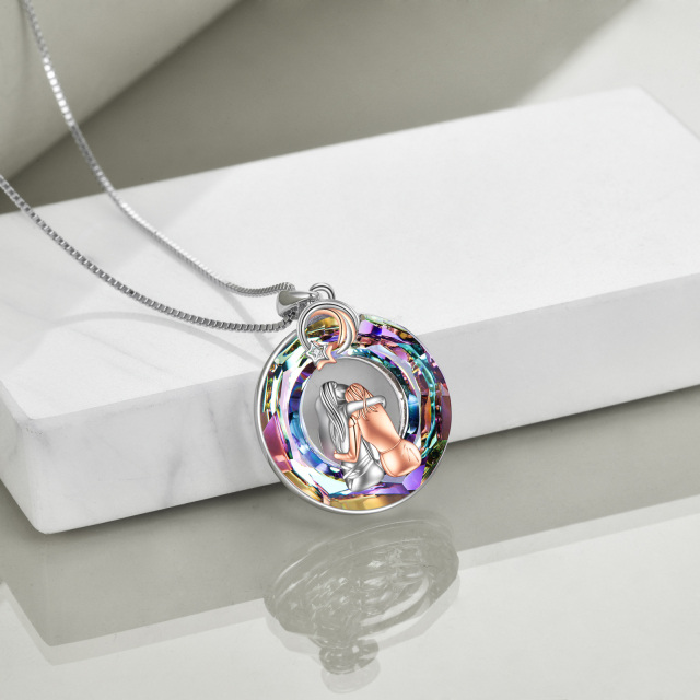 Sterling Silver Two-tone Hugging Sisters with Circle Crystal Pendant Necklace-3