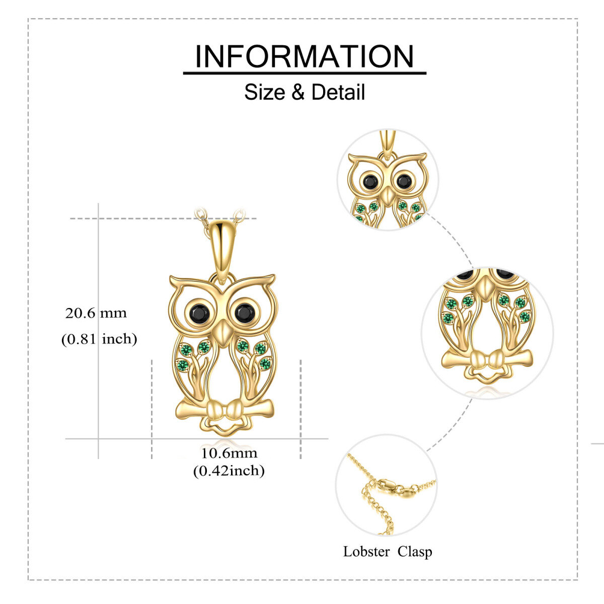 14K Gold Green Cubic Zirconia Owl & Tree Of Life Pendant Necklace-5
