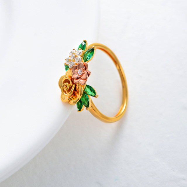 Anillo de oro de 10 quilates con circonita cúbica y rosa en flor de melocotón-2