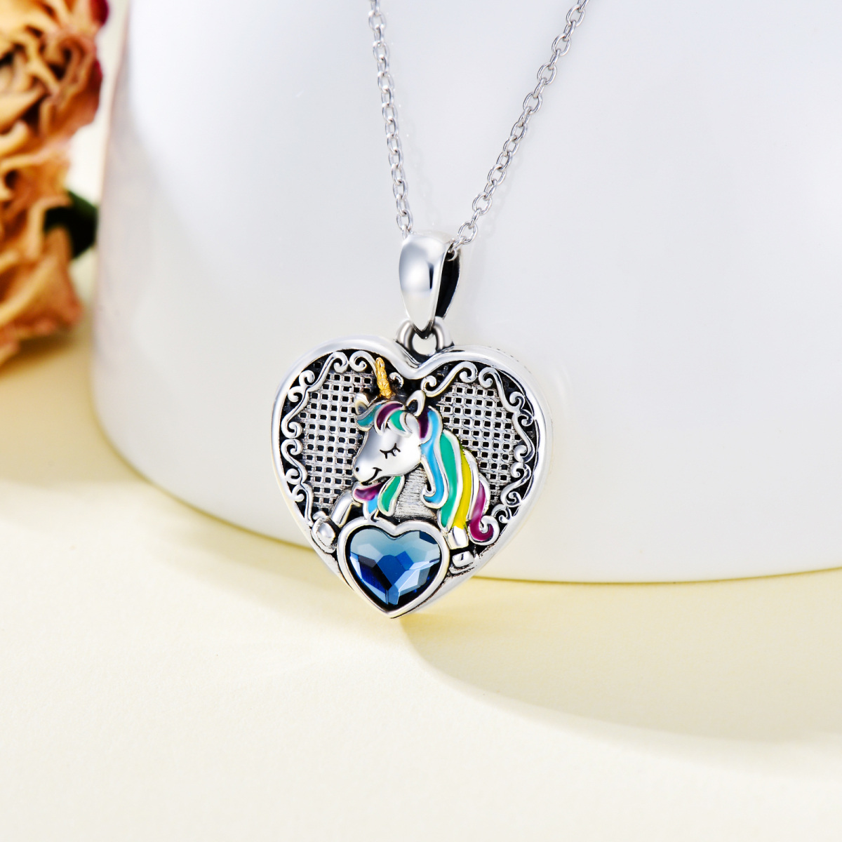 Sterling Silver Heart Shaped Crystal Personalized Photo & Unicorn Personalized Photo Locket Necklace-3