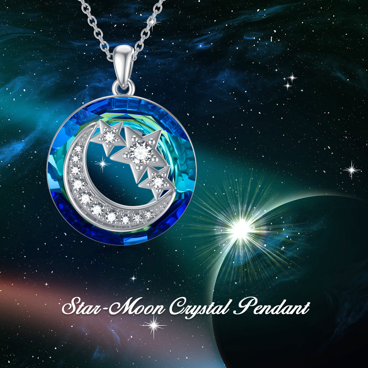 Sterling Silver Circular Shaped Moon Crystal Pendant Necklace-6
